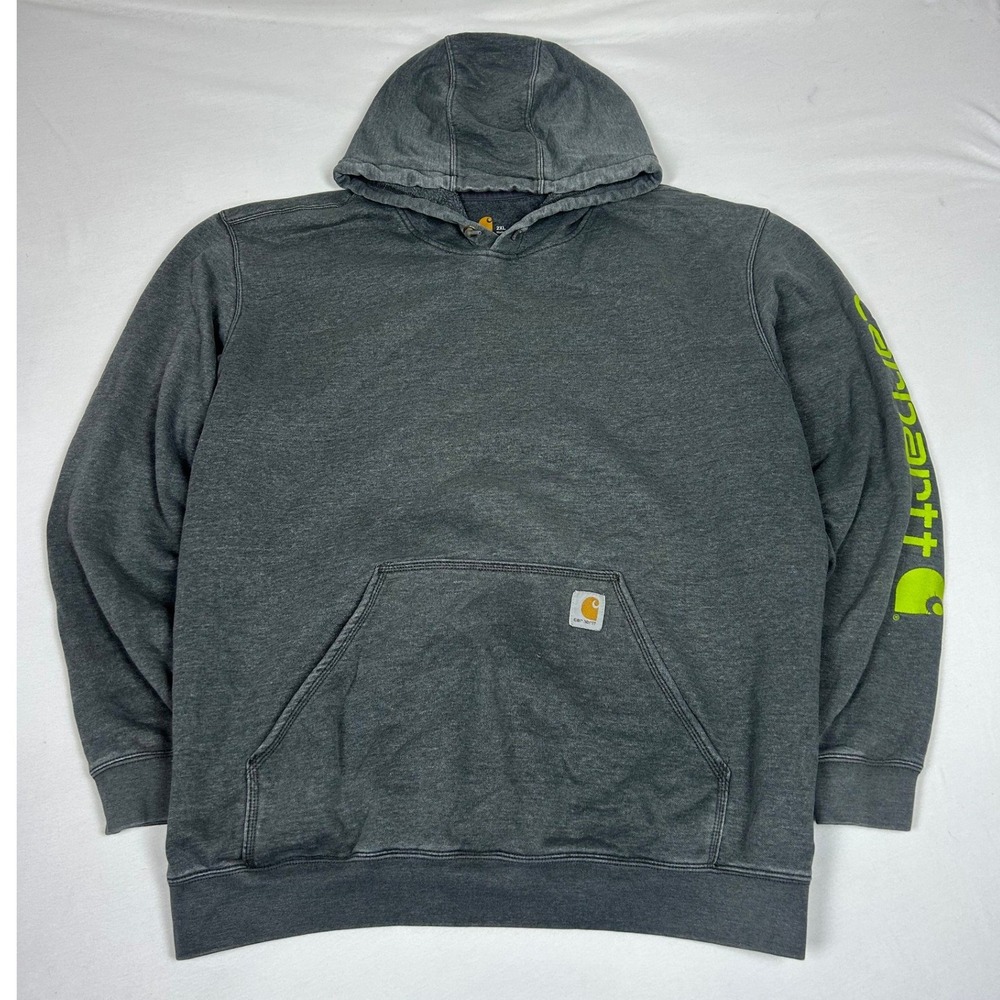 Carhartt Mens 2XL Original Fit Sleeve Logo Hoodie Charcoal Gray Neon Green